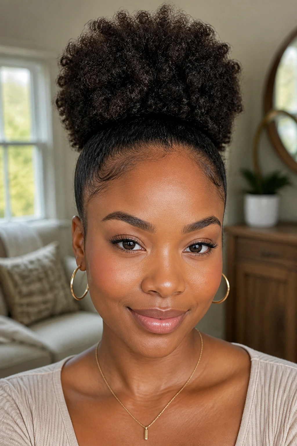 Portrait of a person with a high crown puff in natural light