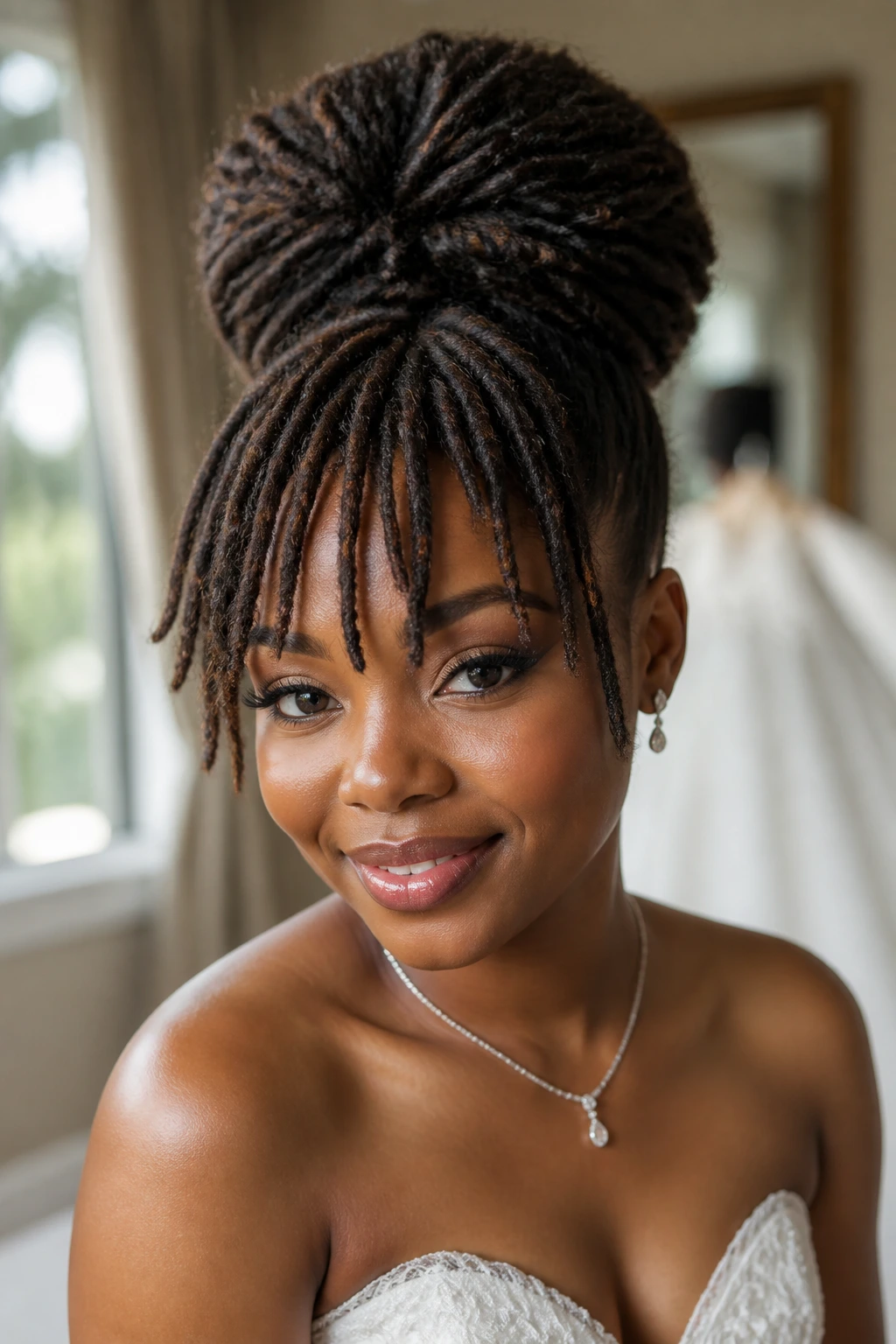 Close-up of real bride with high crown puff and loc fringe