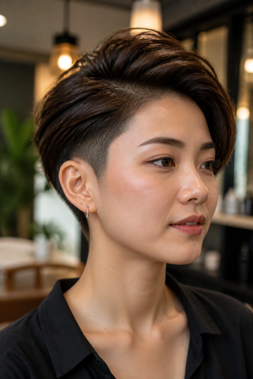 Close-up of Asian woman with high-crown side part and subtle undercut