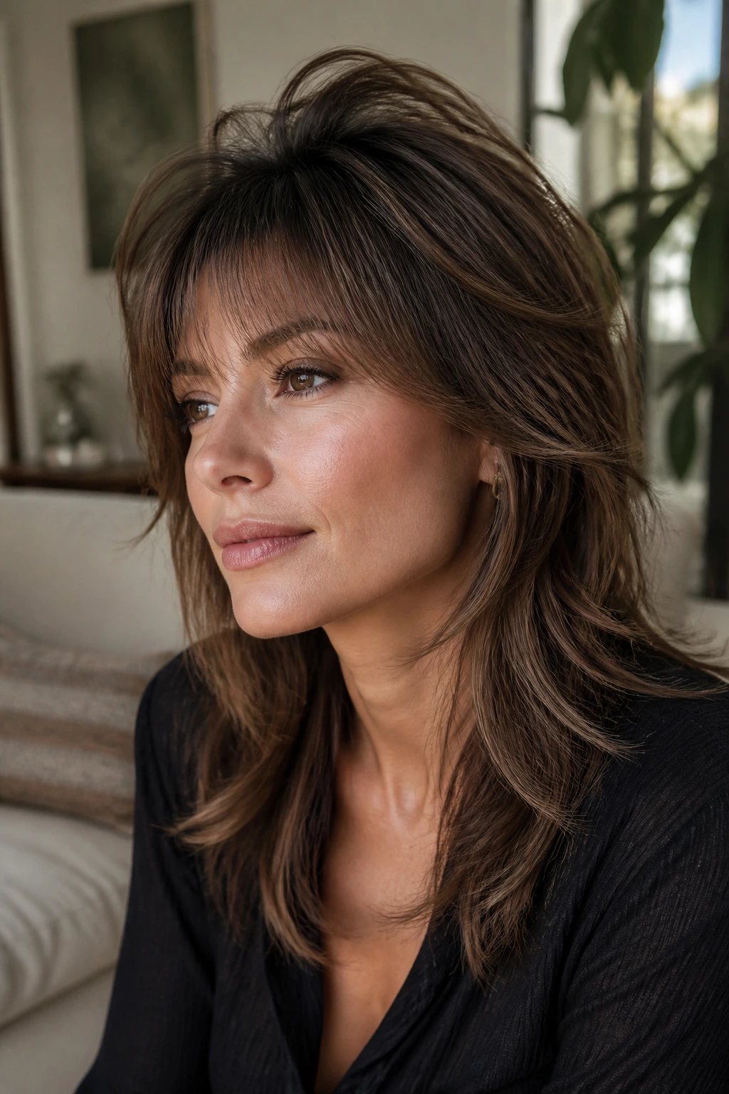 Close-up portrait of a real woman with High-Crown Volume Shag