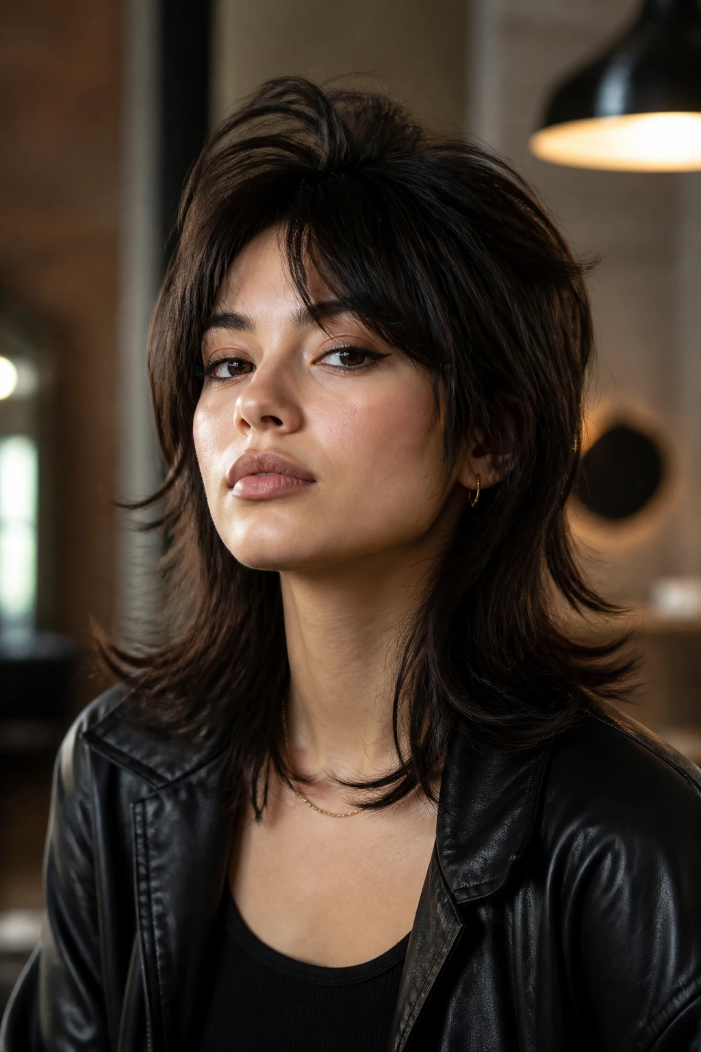 Close-up portrait of a real person with high-crown wolf cut and flipped ends in a chic loft