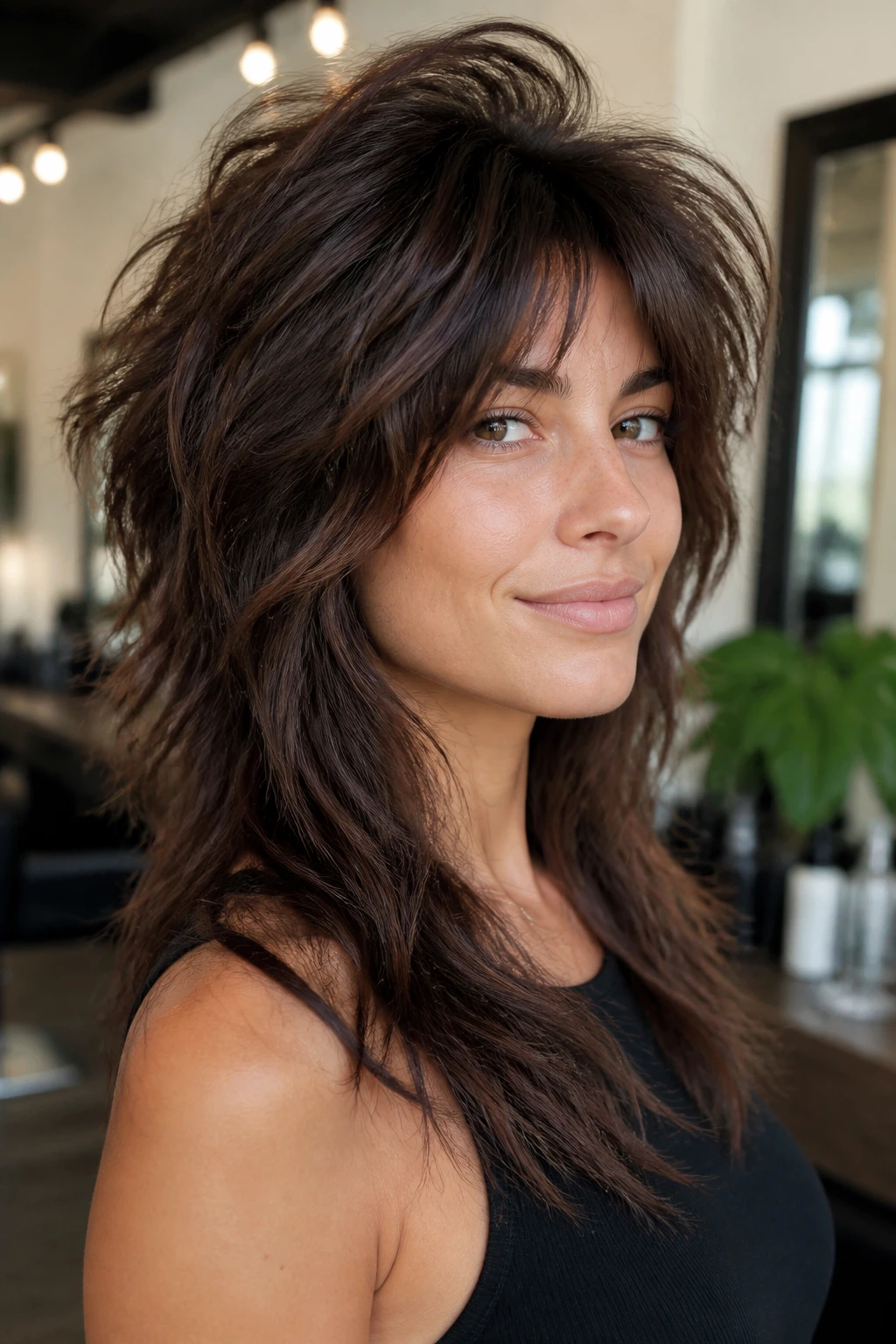 Close-up portrait of a real woman with a high crown wolf hairstyle and lifted roots in warm salon light