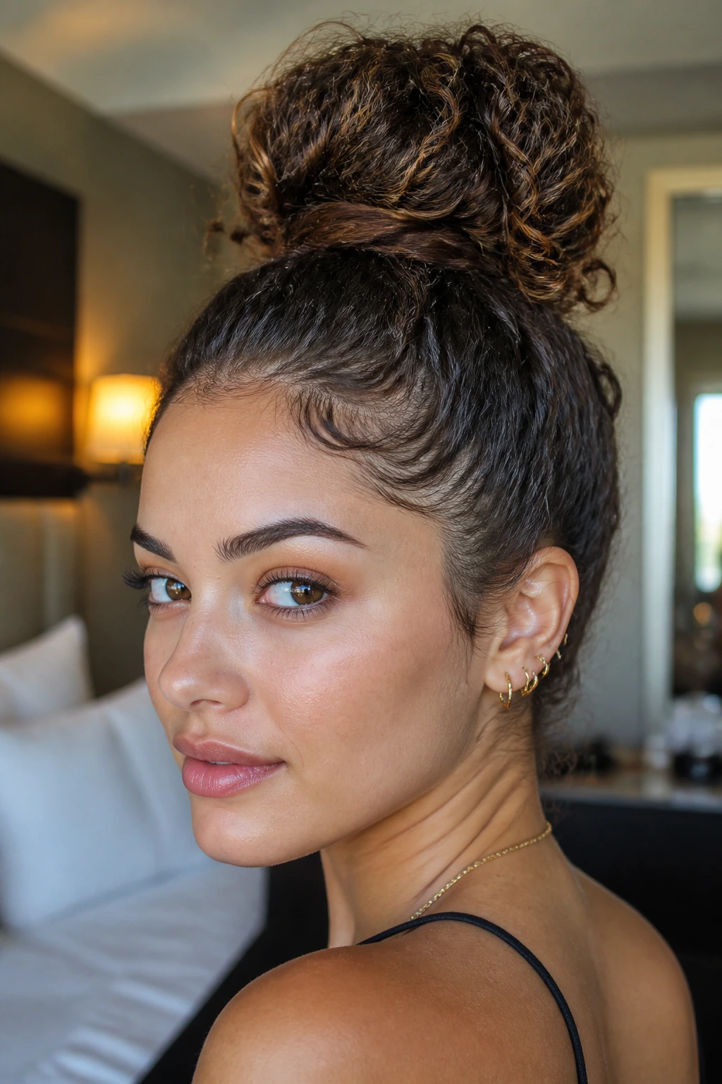 Close-up portrait of a real woman with a high curly bun featuring a wrapped base