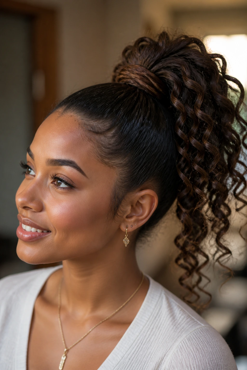 High curly ponytail with wrapped base on a real person