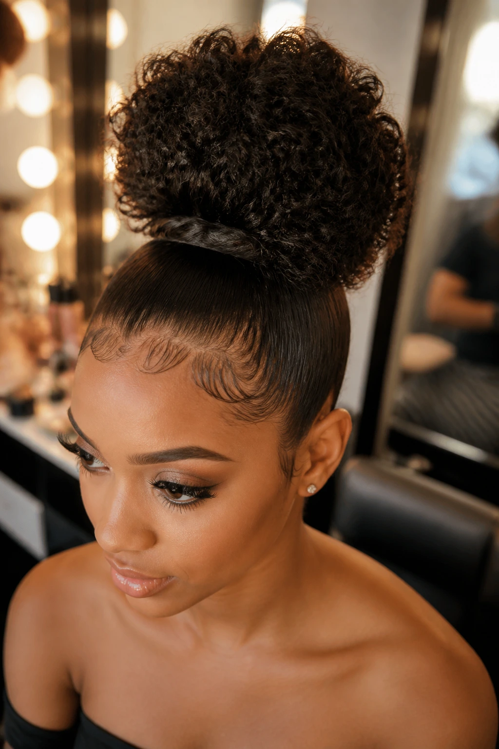 Close-up of a real woman with a high curly puff and wrapped base