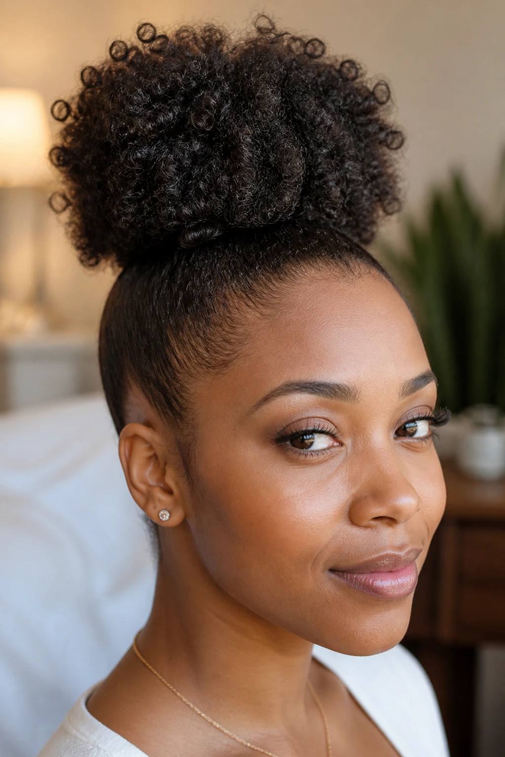 Close-up of a real person with a high curly puff and wrapped base
