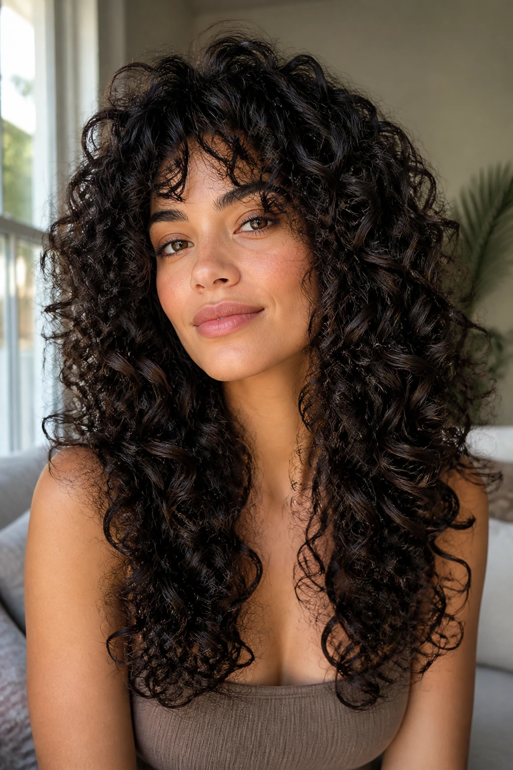 Close-up portrait of a real woman with high-density layered curls to manage shrinkage.