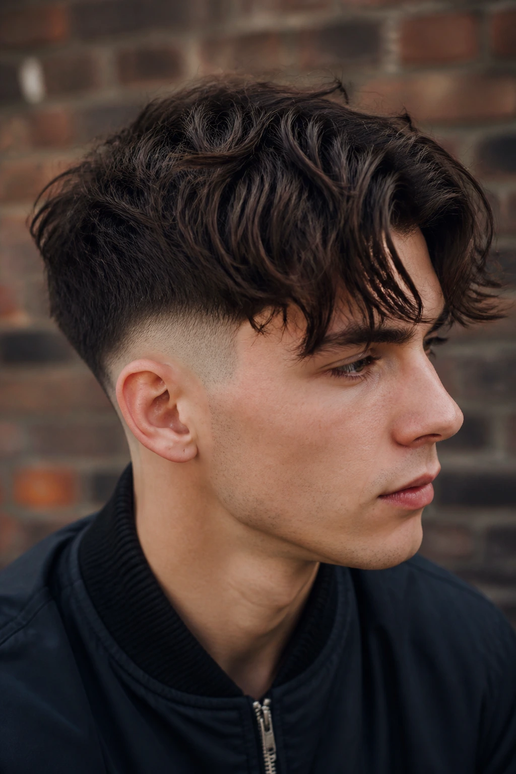 Portrait of a person with high drop fade and choppy curtain bangs in an urban setting