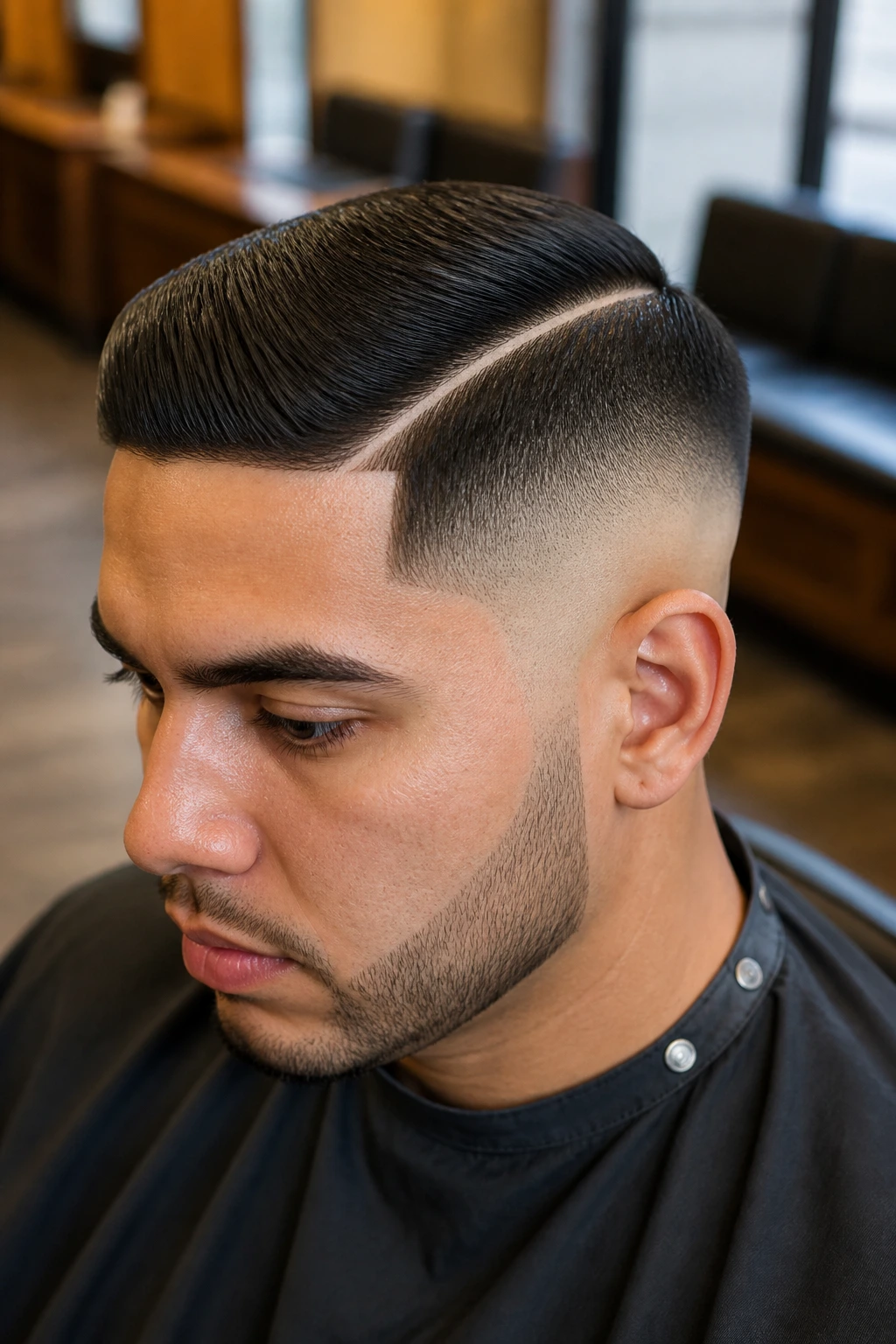 Close-up portrait of a man with a high drop fade and hard part hairstyle in a barbershop