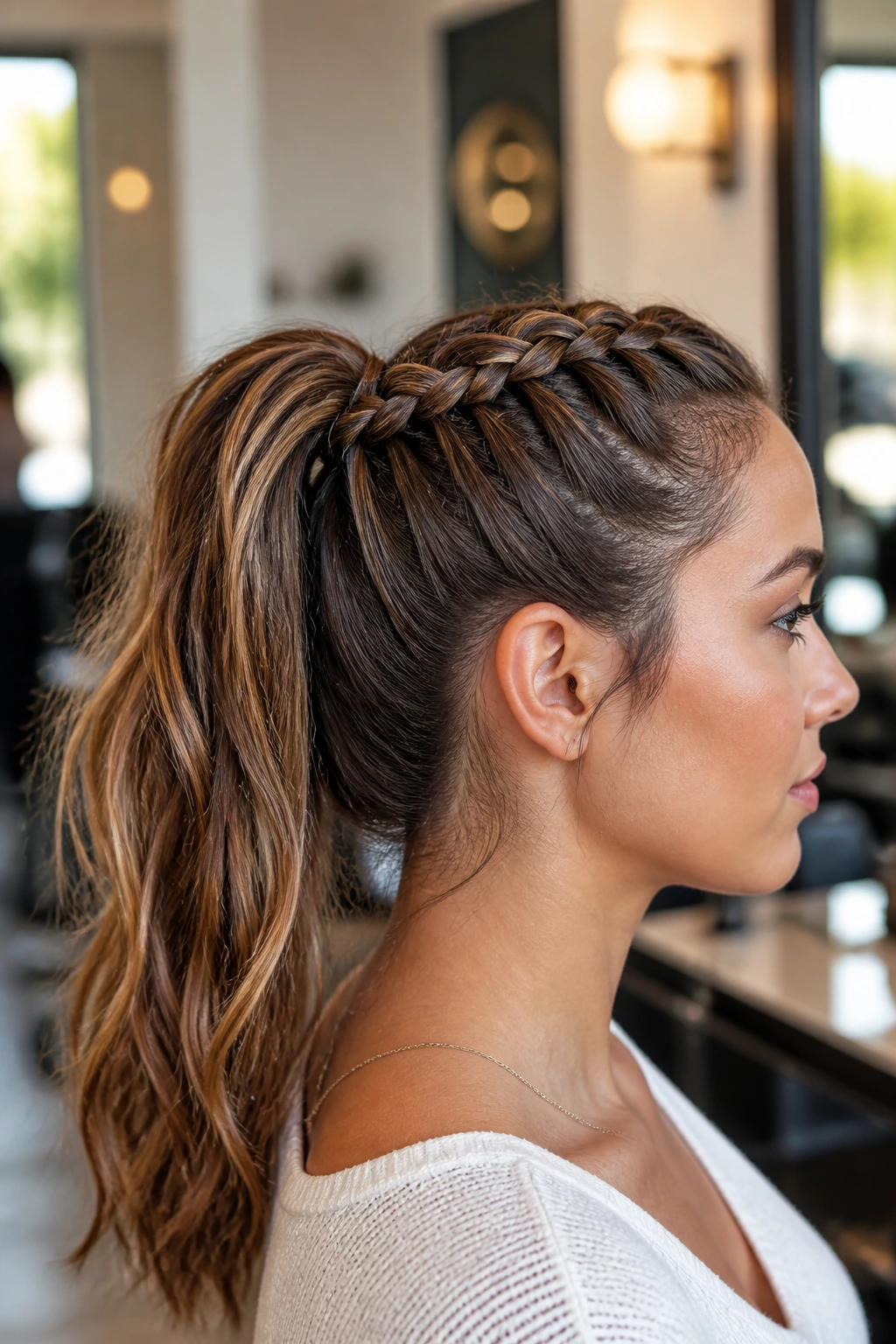 Profile portrait of a woman with high crown Dutch braid into a ponytail