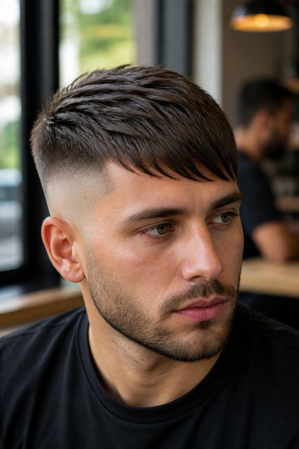Close-up of a man with angular fringe and high fade in a cafe setting