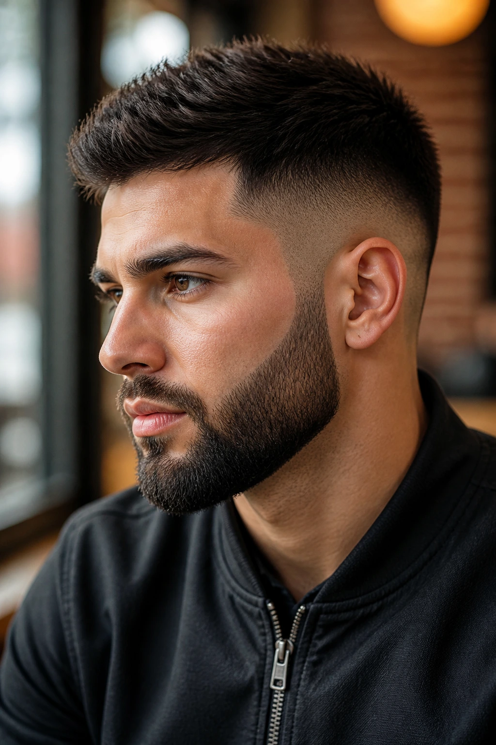 Close-up of a man with a high fade beard under street-side light