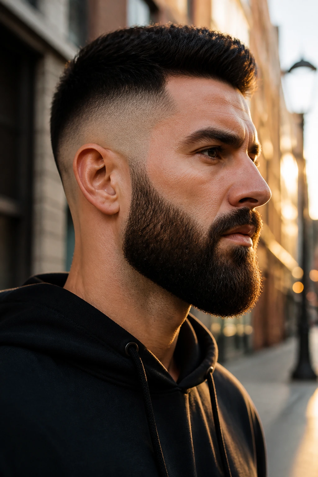 Close-up portrait of a man with a high fade beard and thick facial hair against a warm urban backdrop