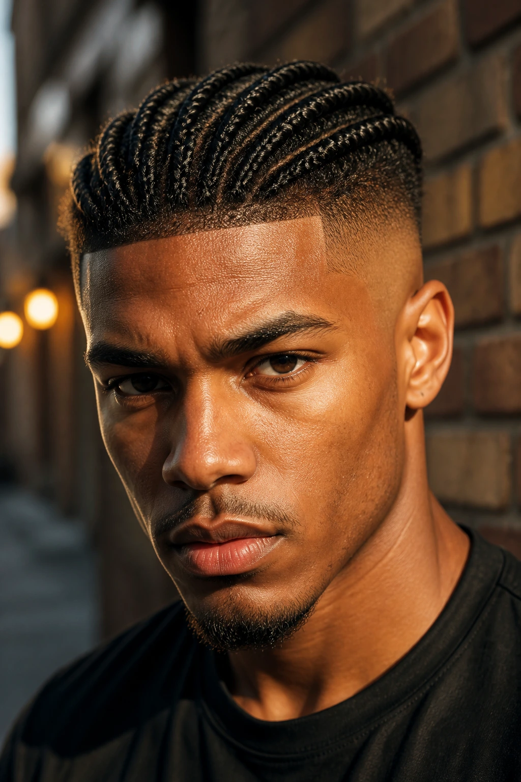 Real man with high fade box braids in an urban alley