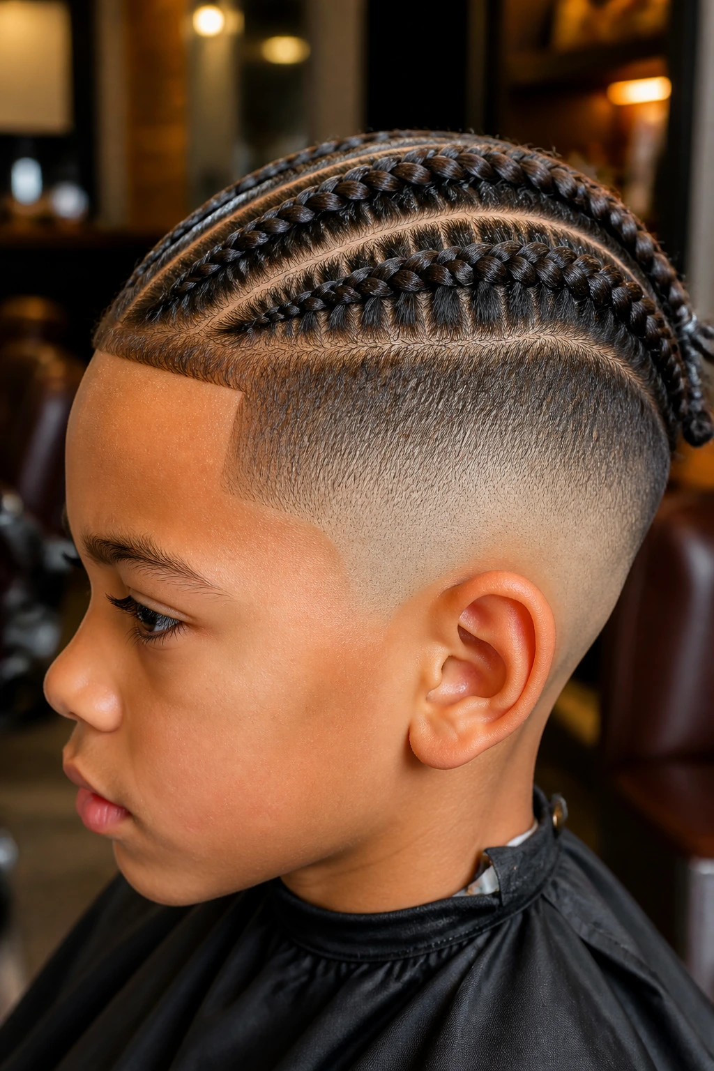 Side-profile of a real boy with braids on top and a high fade on the sides.