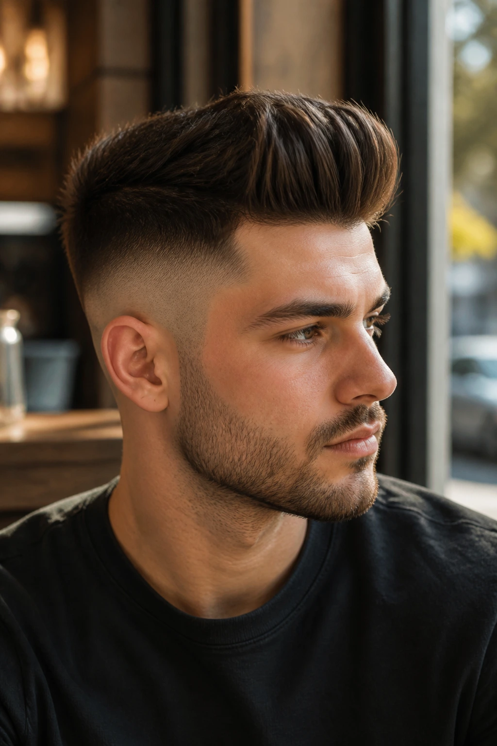 Portrait of a man with a high fade and brush-up hairstyle.