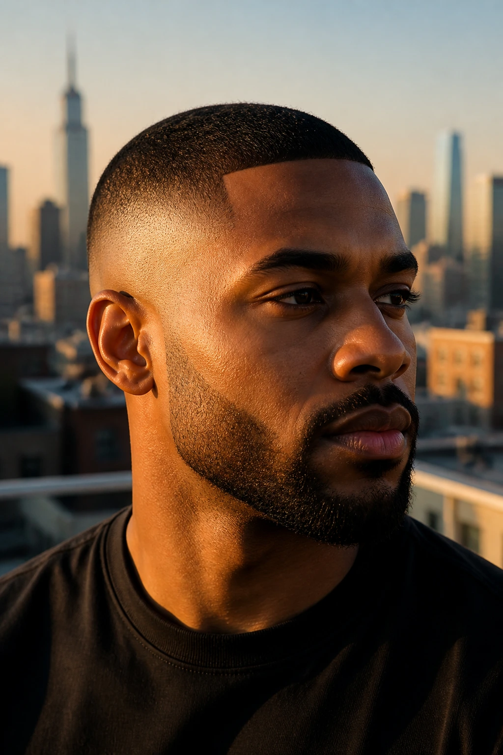 Portrait of a Black man with a high fade buzz and sharp lineup, rooftop skyline backdrop.