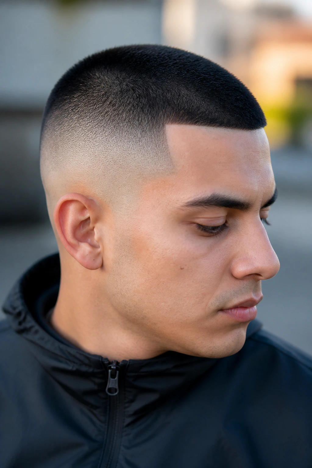 Close-up of man with high fade and buzz cut