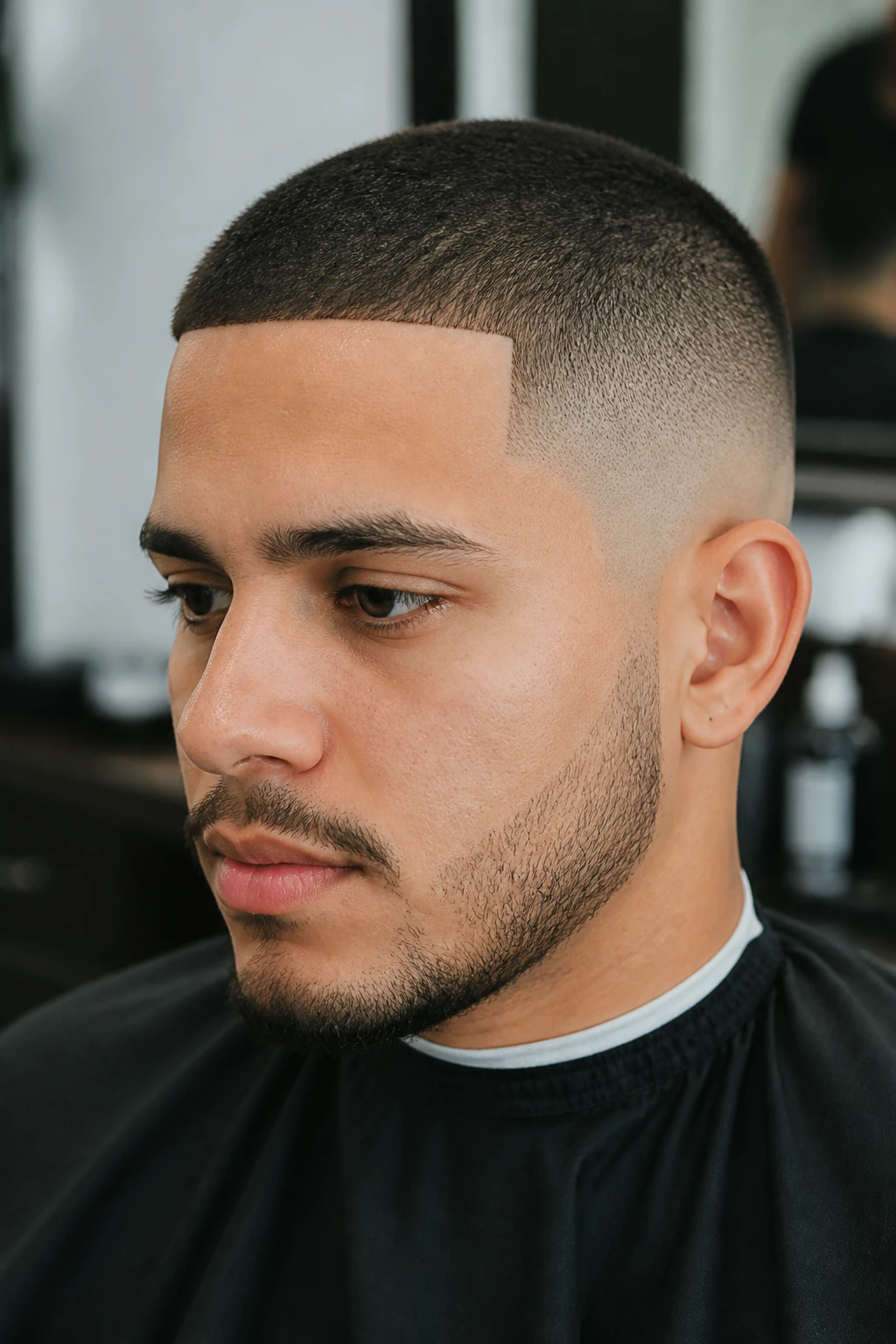 Man with high fade buzz cut and crisp line-up