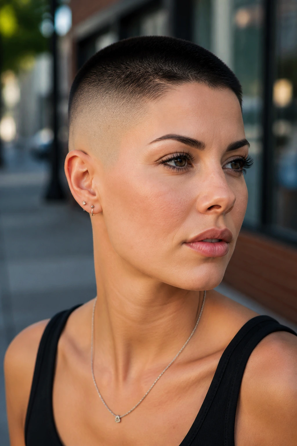 Close-up portrait of a real woman with a high fade buzz cut against an urban background