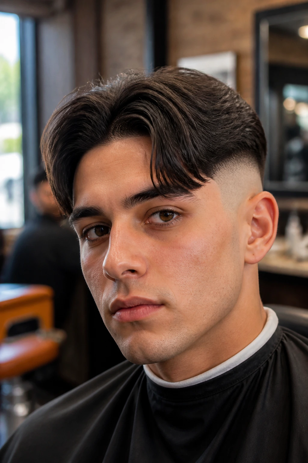 Close-up of a man with a high fade and sharp center-part curtains in a barbershop.
