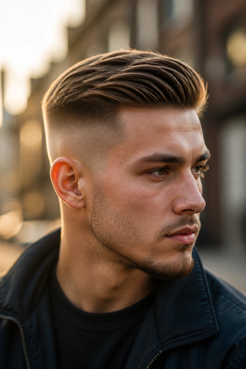 Close-up of a man with a high fade and side-swept top.