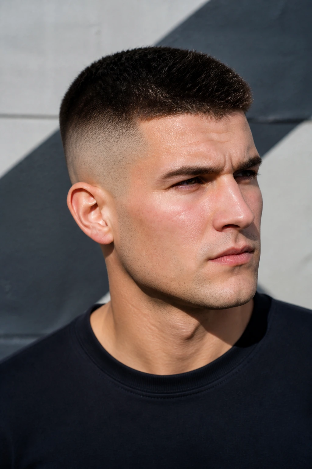 Man with high fade and crew cut against a city wall