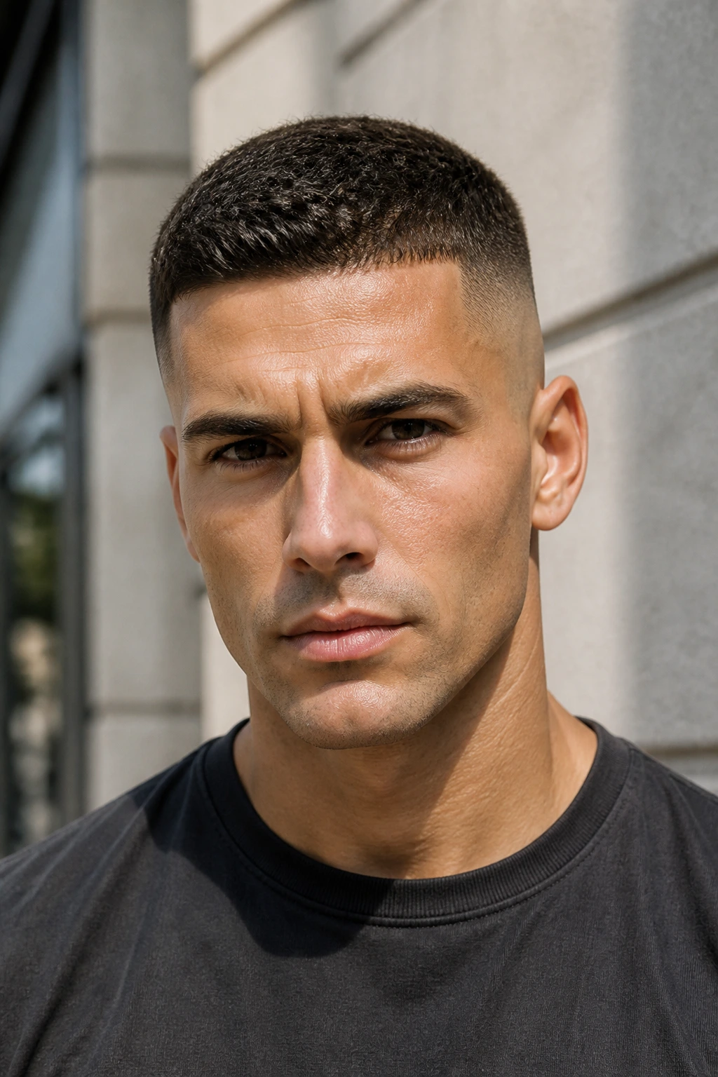 Man with a high fade crew cut on an urban street.