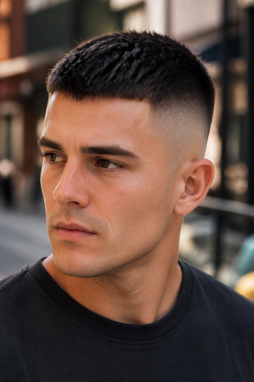Close-up portrait of a man with a high fade crew cut in urban daylight