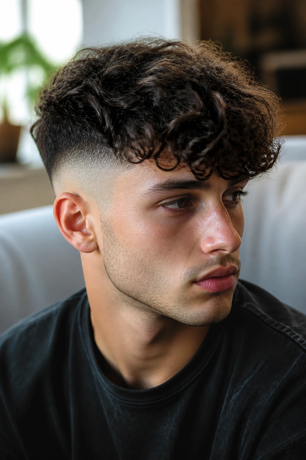 Close-up of a man with curly fringe and high fade in natural light.