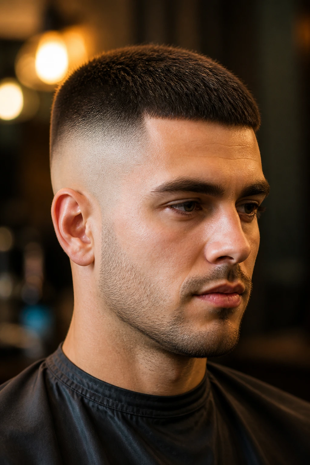 Close-up of a man with high and tight fade in a barbershop