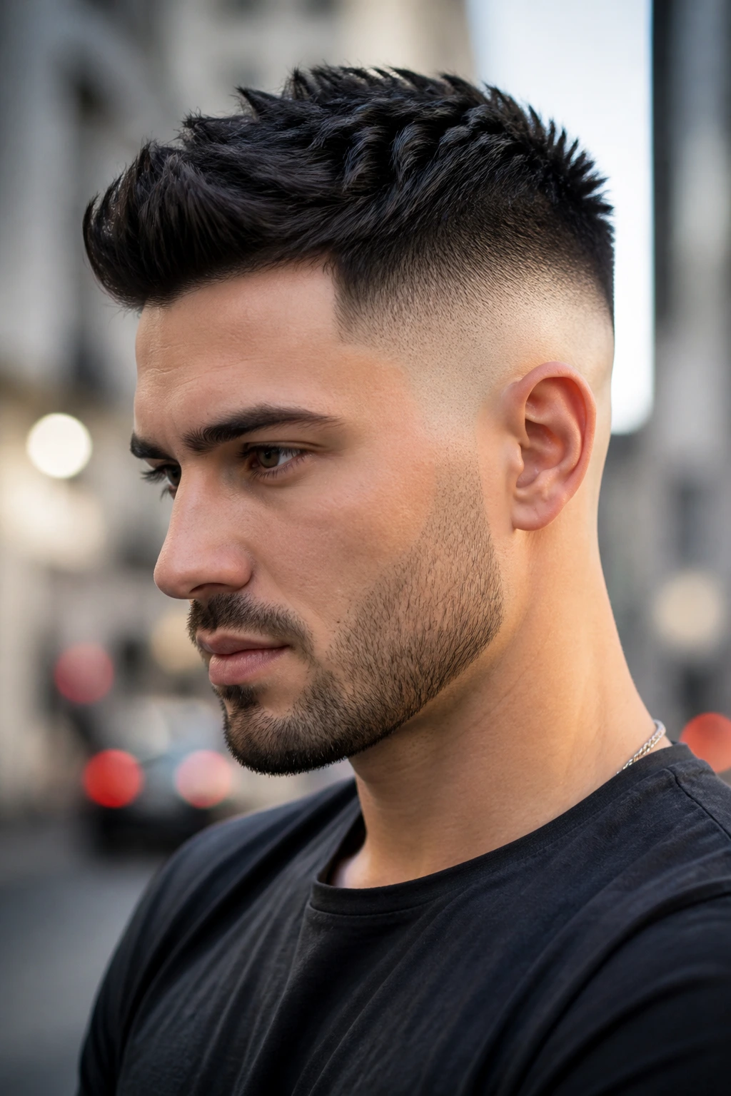 Portrait of a man with a high fade and textured top.