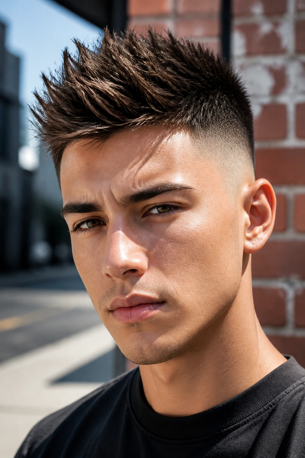 Close-up of a real person with a high fade and layered top spikes.
