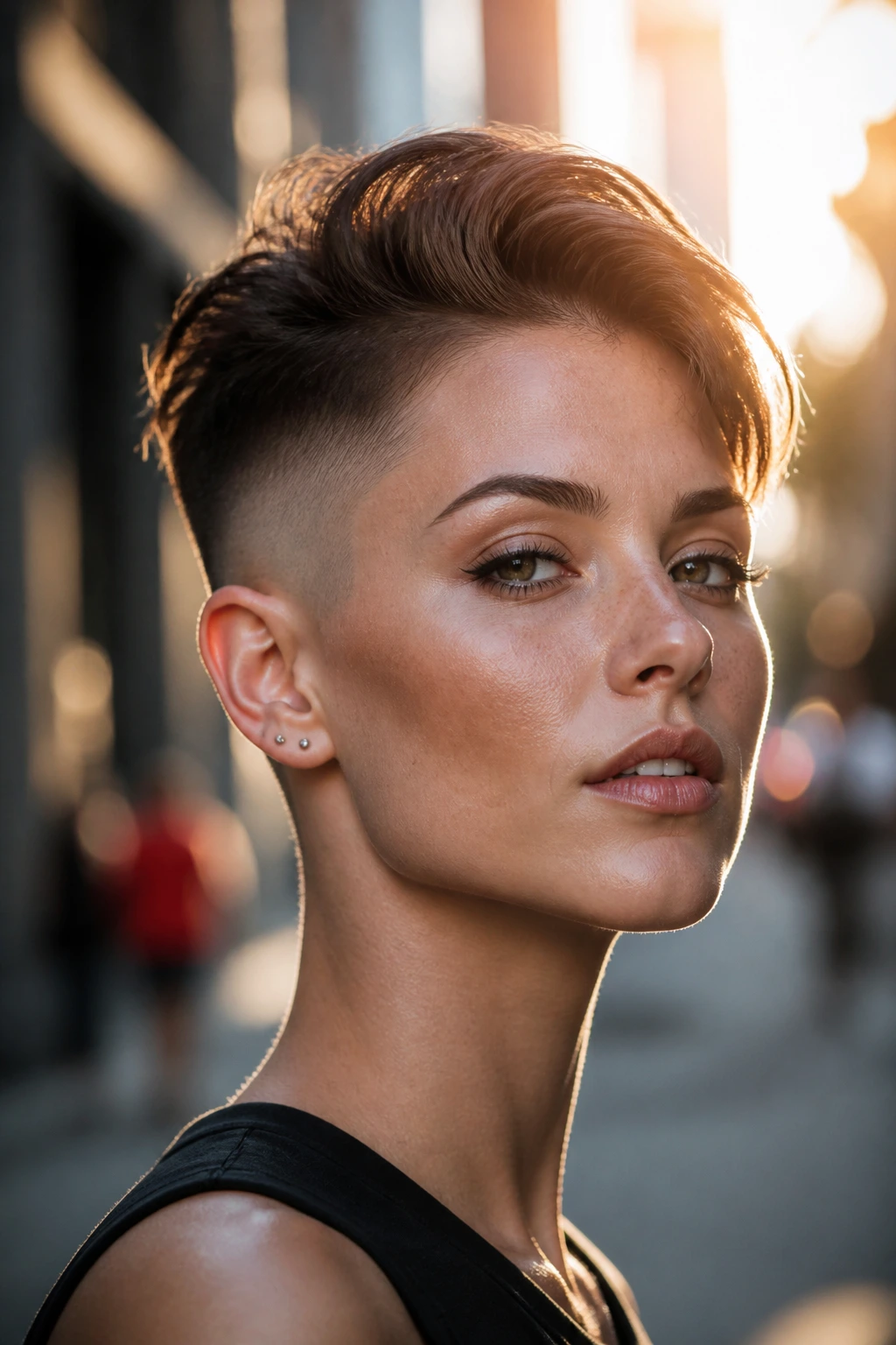 Portrait of a real woman with high fade and longer crown