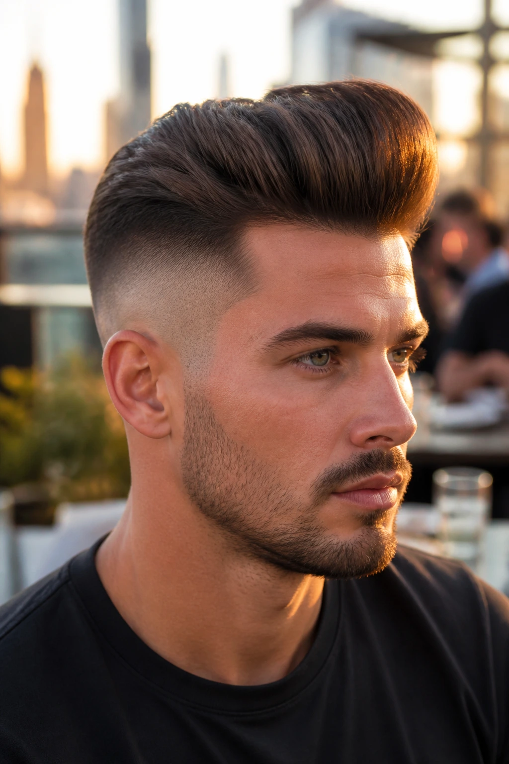 Close-up of man with high fade pompadour under golden hour light