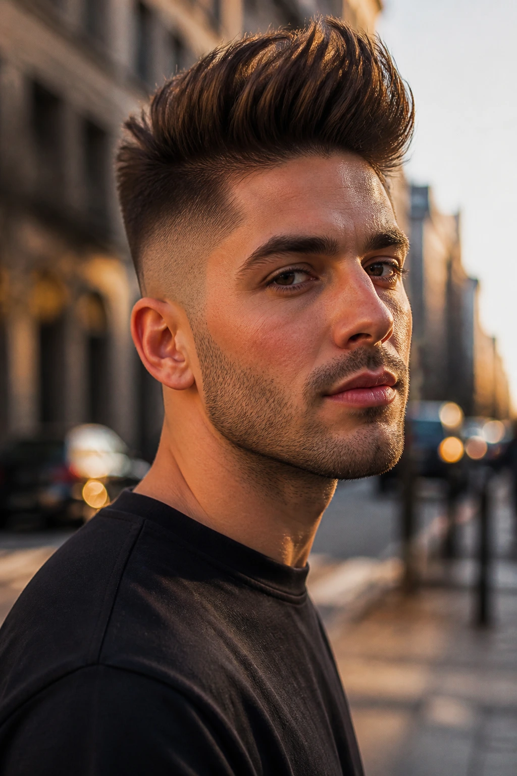 Portrait of a man with high fade and quiff