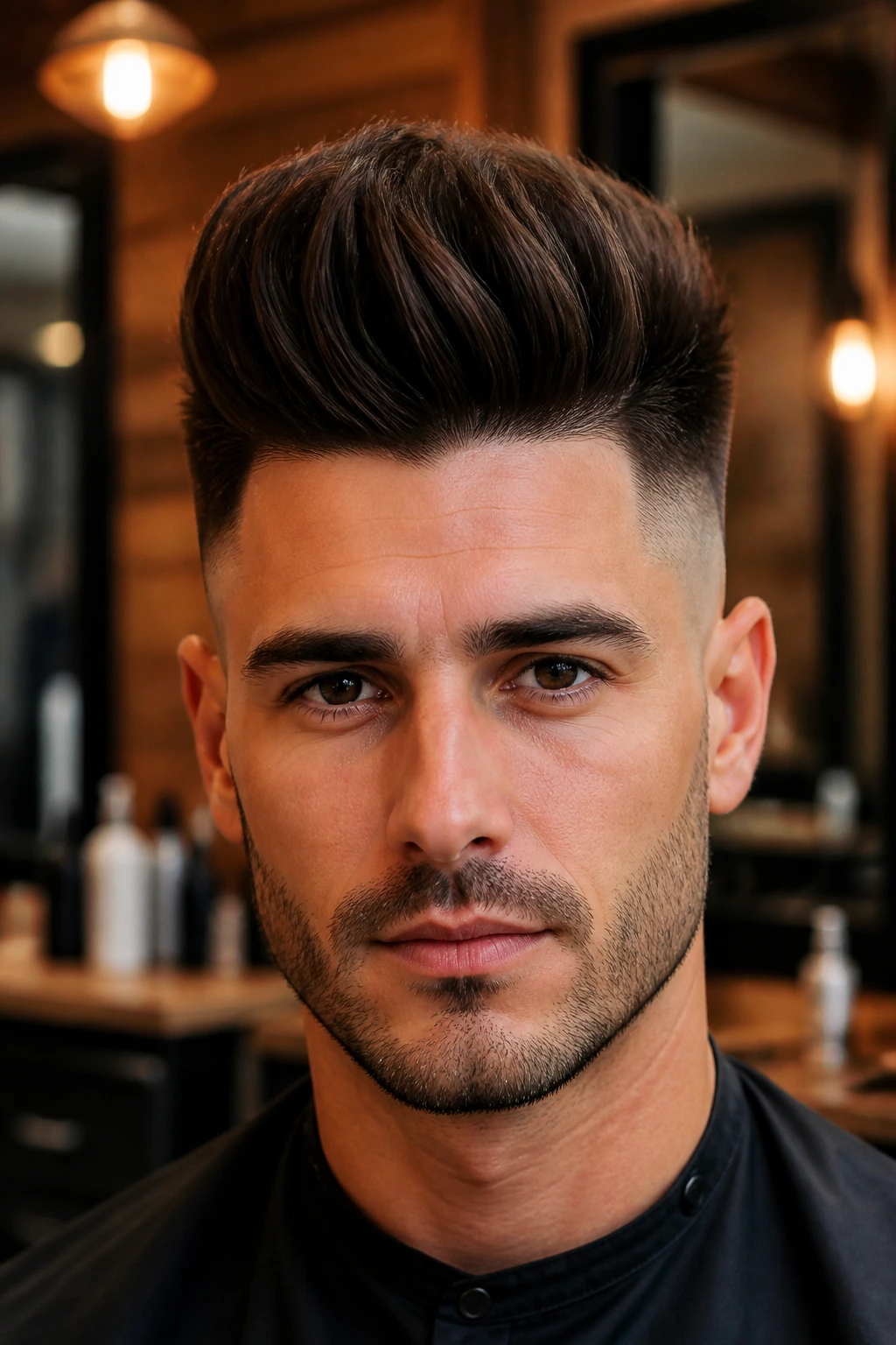 Close-up of a man with high fade quiff in barbershop lighting