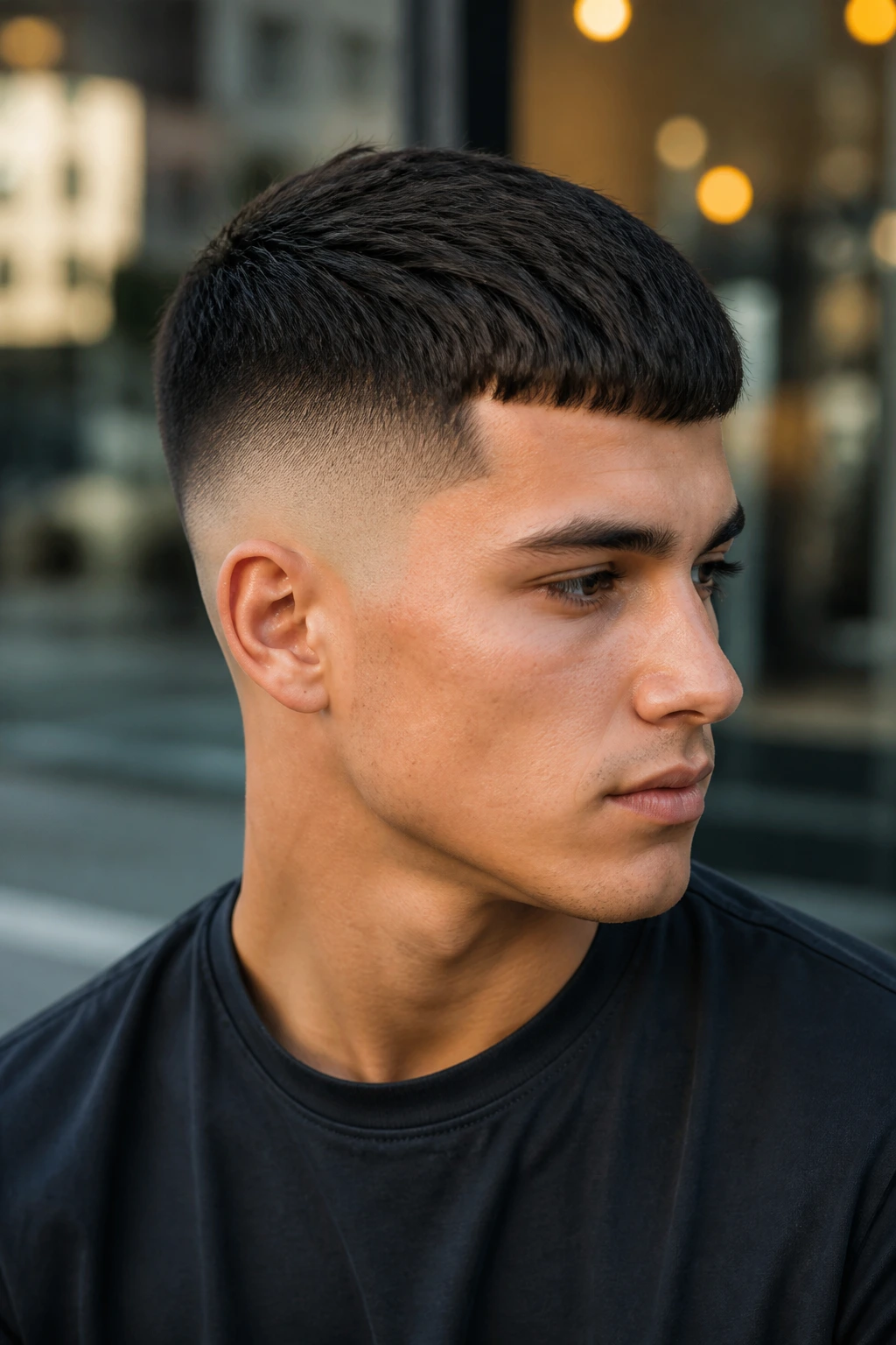 Man with high fade and short Caesar fringe in an urban environment
