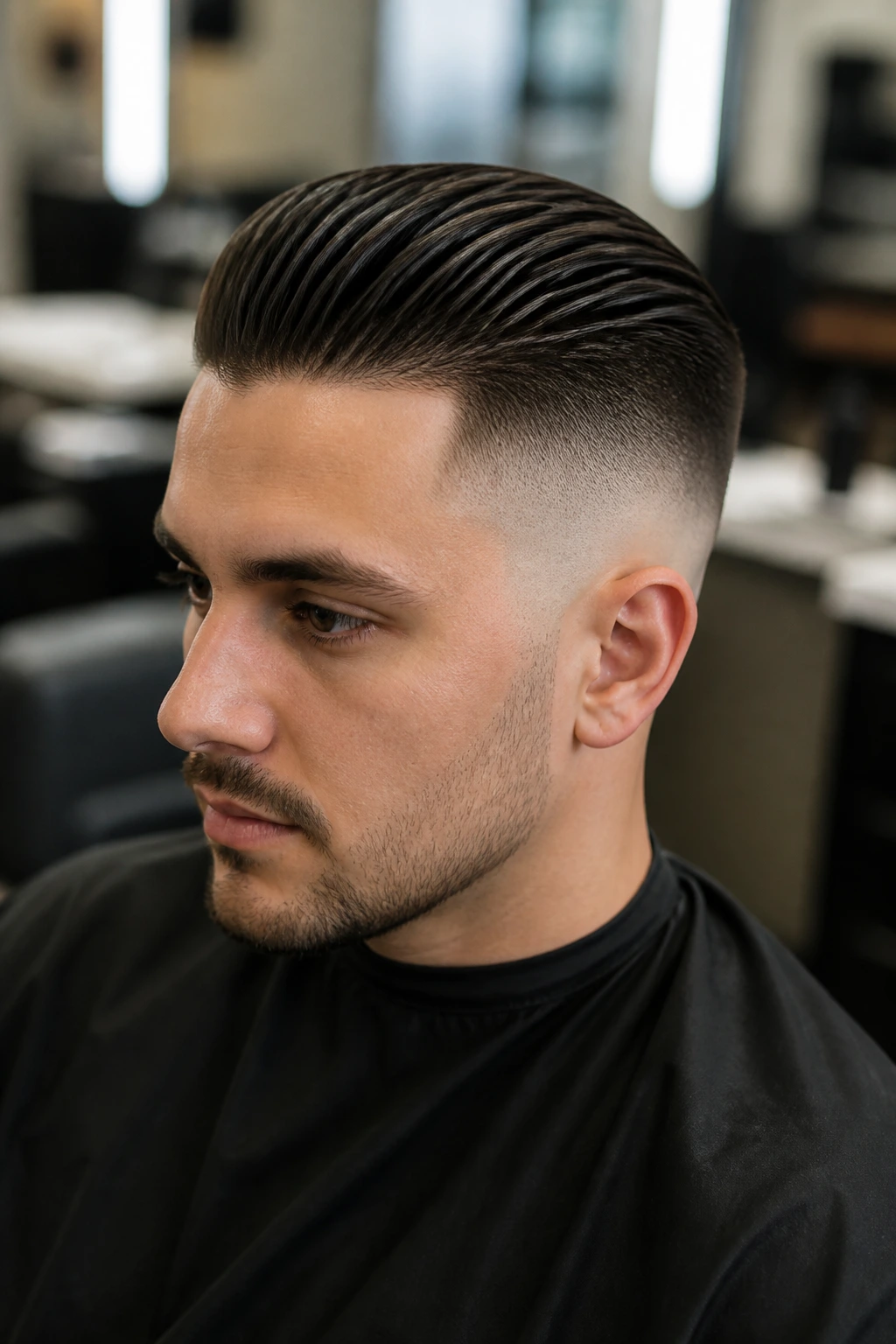 Close-up of man with high fade and slick back