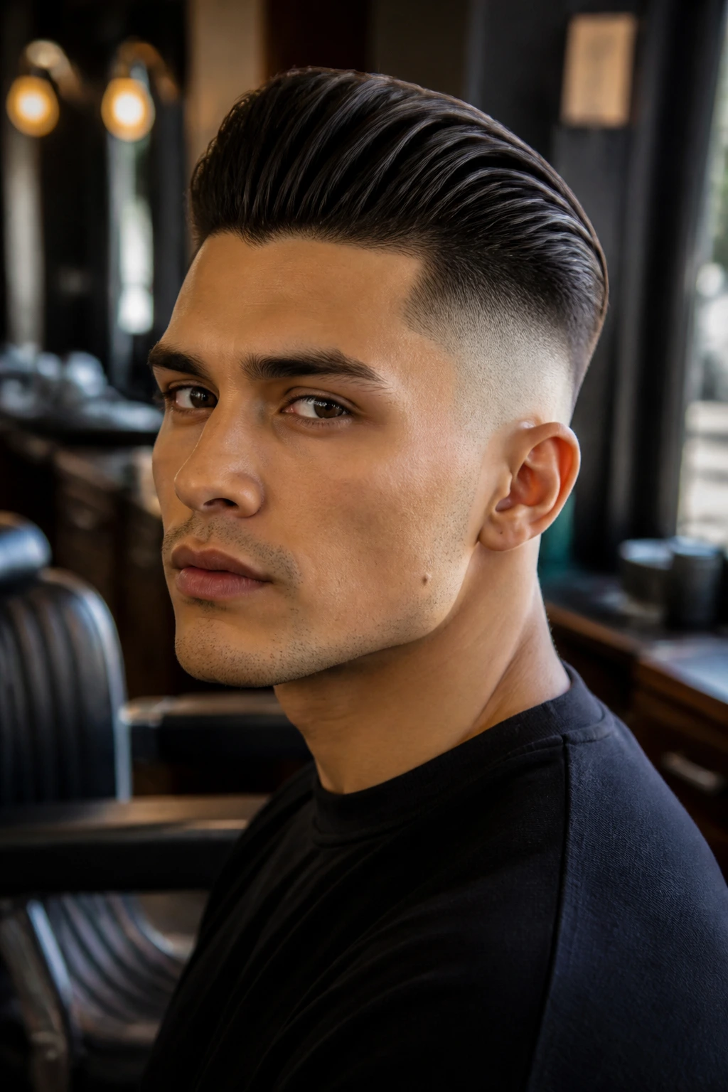 Close-up of a man with a high fade and slicked-back top in a barbershop.