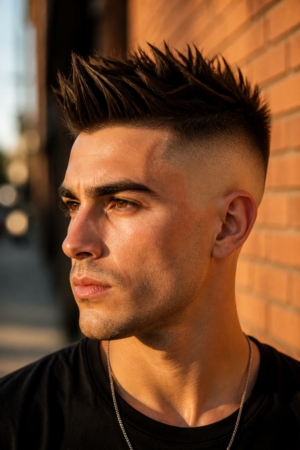 Close-up portrait of a man with a high fade and sharp spikes, filling frame