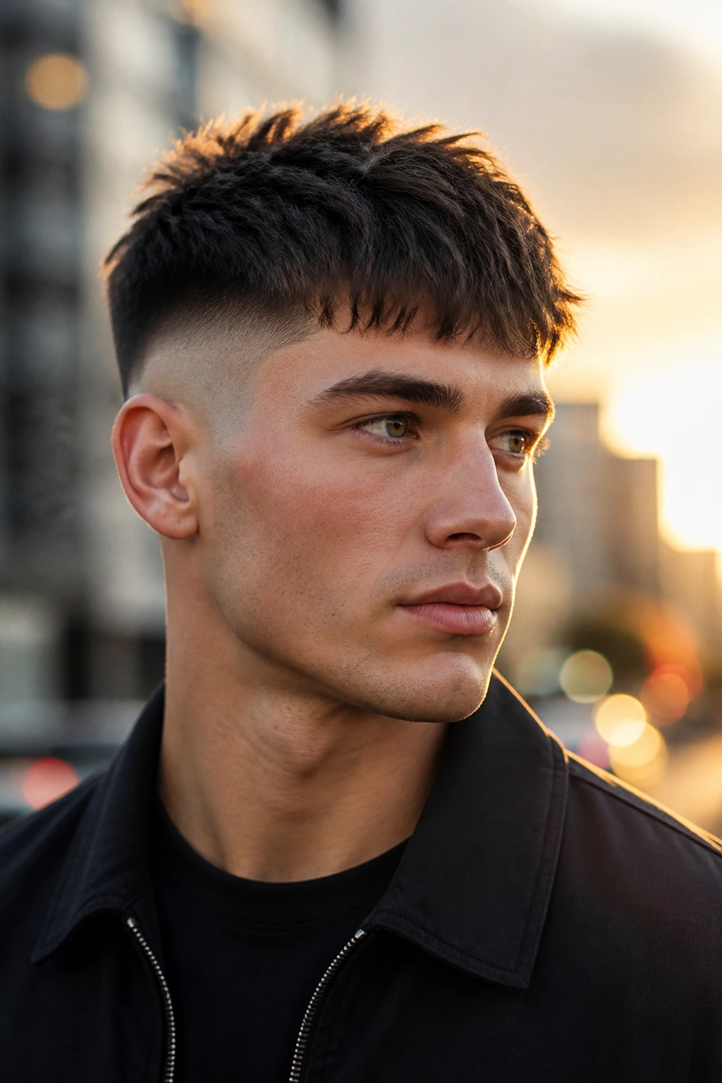 Three-quarter portrait of a man with a textured fringe and high fade.