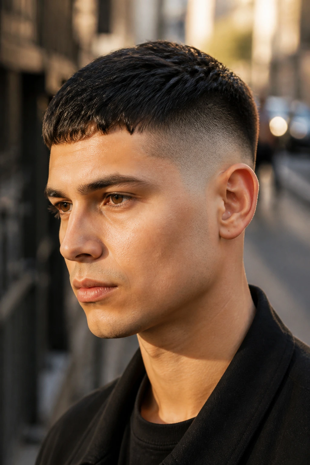Close-up of a real person with a high fade undercut crop, sharp top and temple fade.