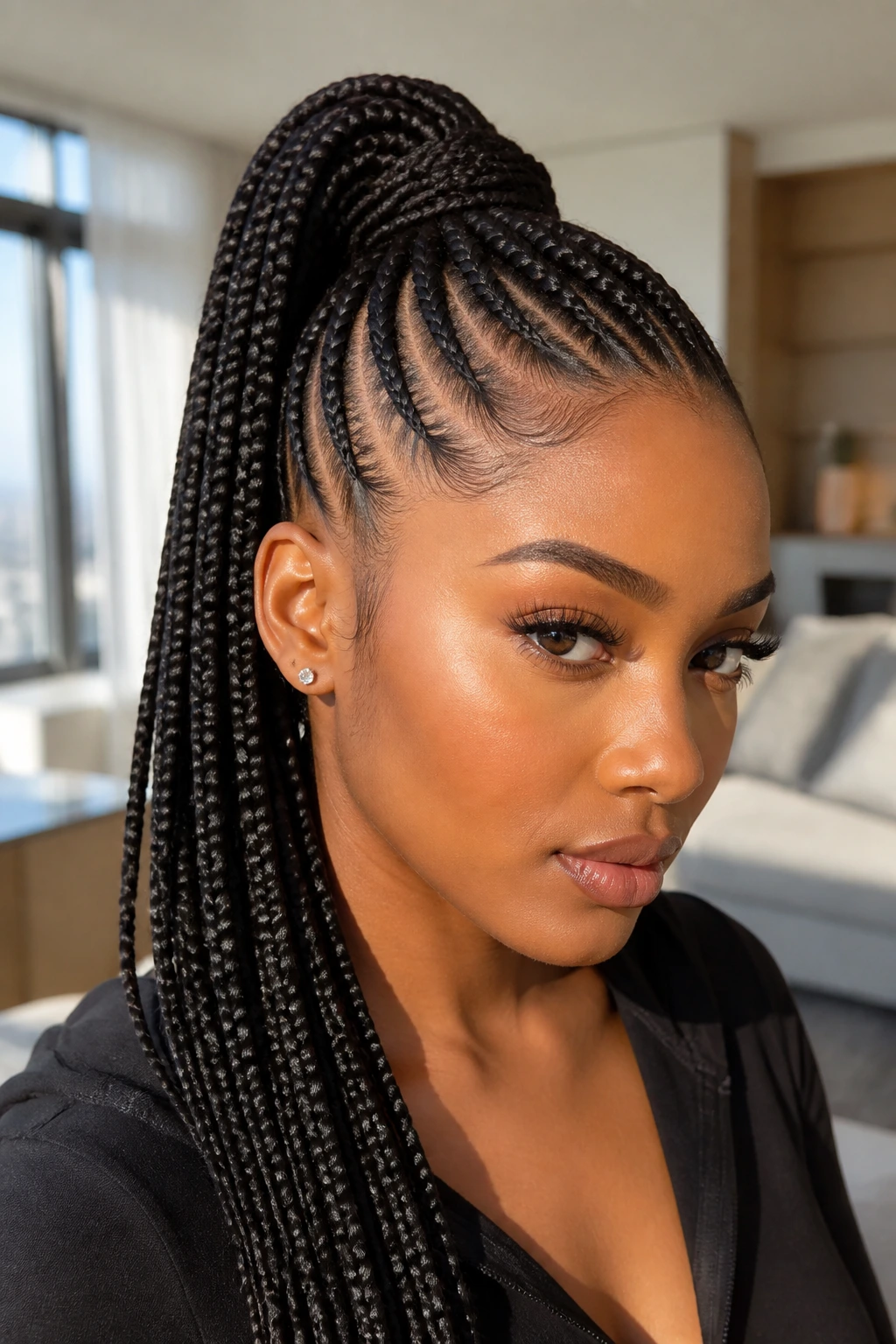 Real person with a high feed-in braided ponytail