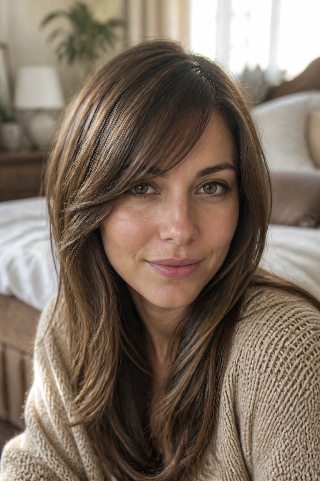Close-up of a real woman with a diagonal side-swept fringe softening a high forehead