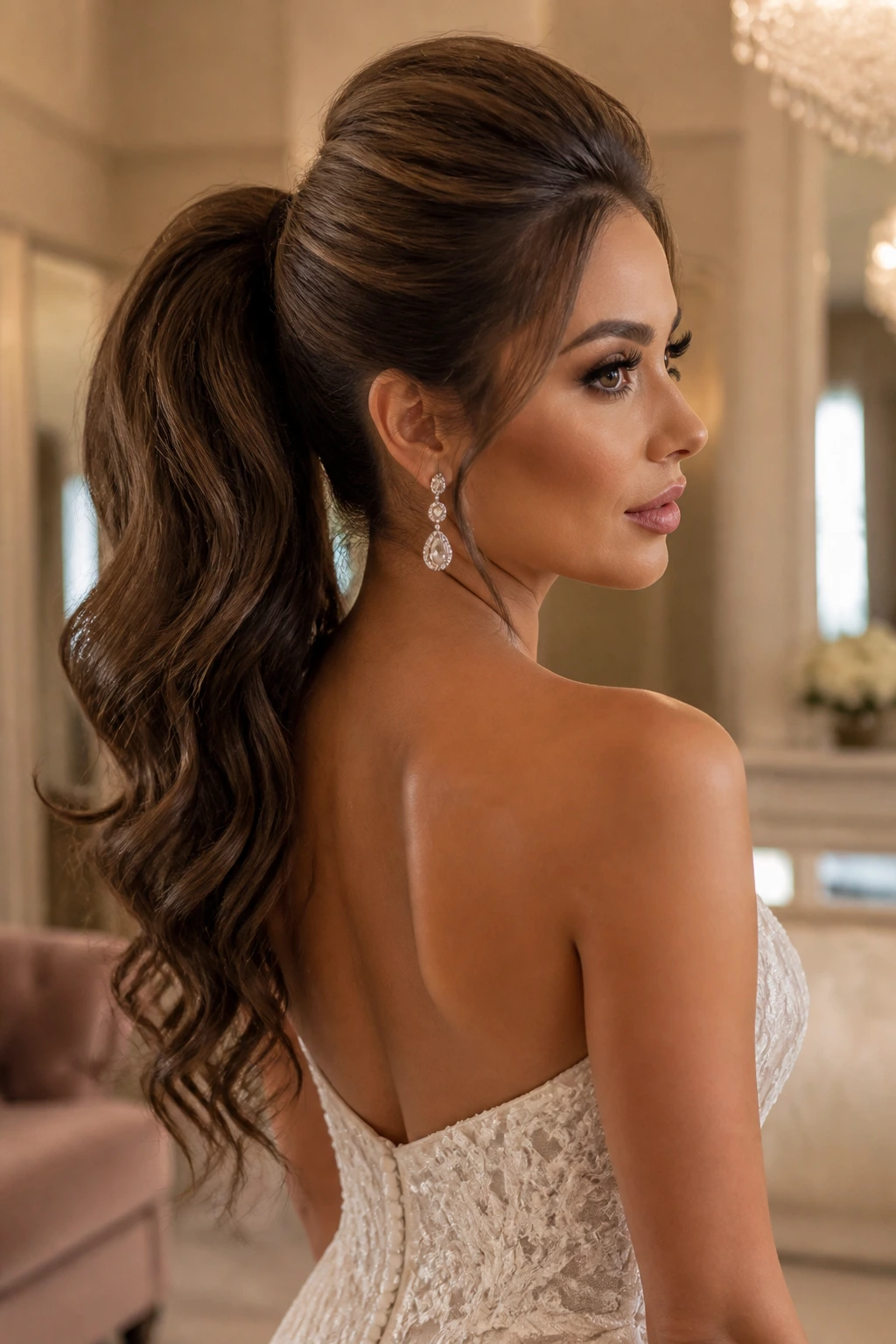 Real bride with high glam ponytail and crown lift