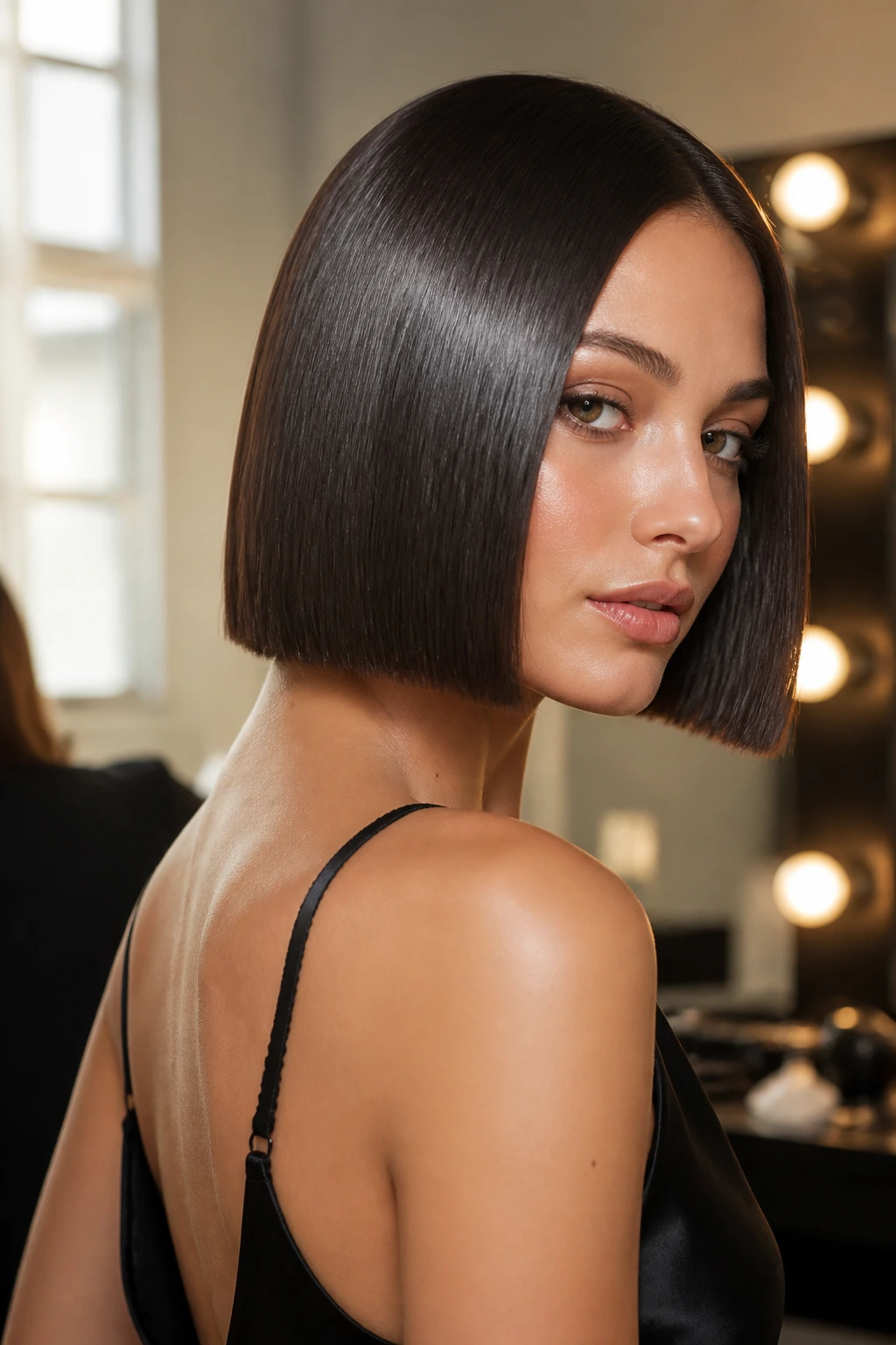 Close-up of a real woman with a high-gloss blunt bob, sleek and polished.