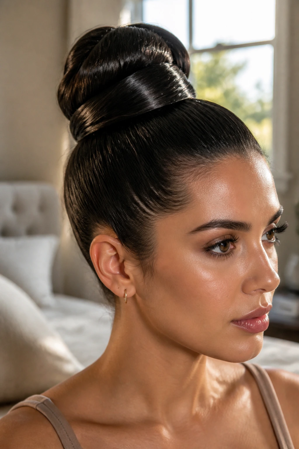 Close-up of a real woman with a smooth high gloss bun, soft window light in bedroom.
