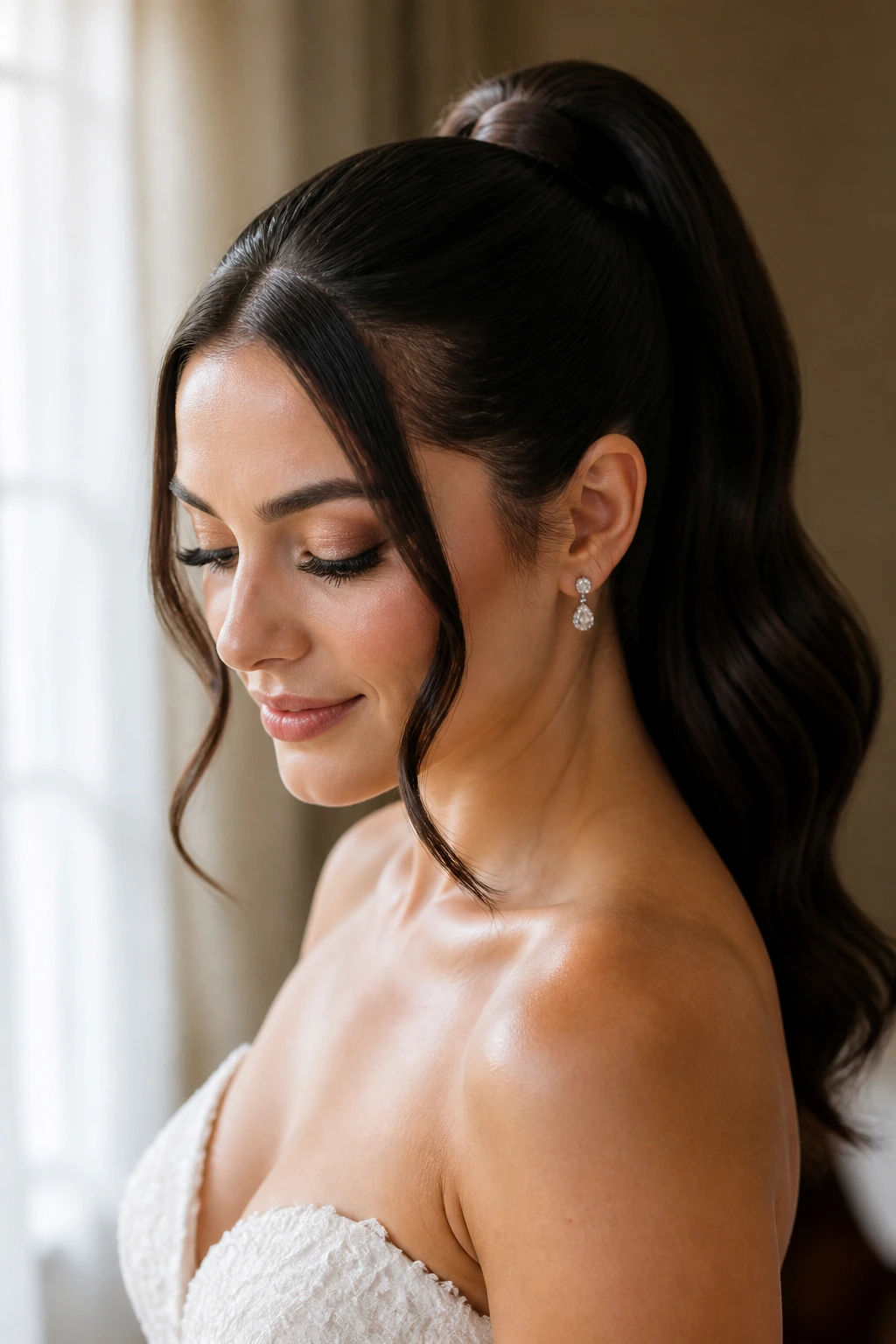 Bride with high gloss ponytail and face-framing pieces