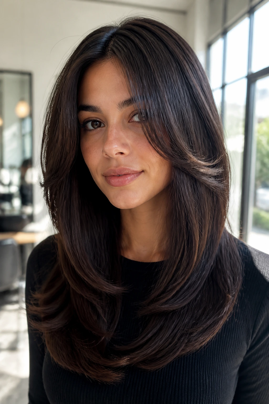 Close-up of a person with high-gloss sleek butterfly haircut showing glossy, straightened ends.